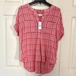 NWT LOFT Pink/Salmon Plaid Short Sleeve Dolman Cap Sleeve Blouse